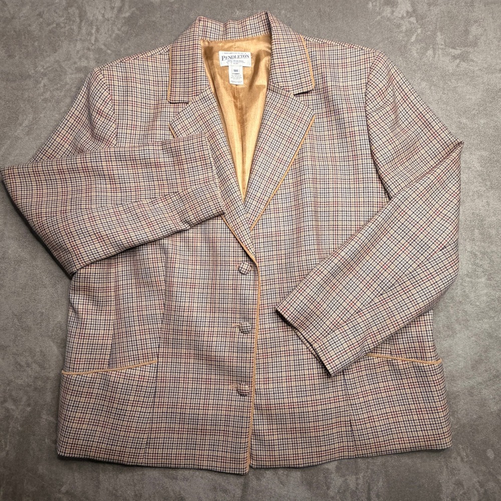 Pendleton Blazer Women 18W Tan Blue Red Plaid 100% Virgin Wool Plus Size Jacket - Picture 2 of 8